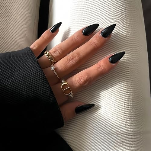 KQueenest Schwarz Press On Nails Mittel Mandel - Acryl Nägel zum Aufkleben, Natürlich Einfarbig Fake Nails Fingernägel zum aufkleben, Glänzende Gel Full Cover Kunstnägel für Frauen 24 Stück