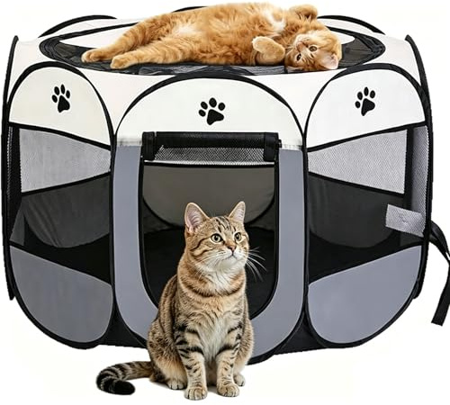 Exquilnova Tragbarer Welpenauslauf, Hundelaufstall Faltbar Laufstall Katzengehege für Wohnung, Welpenlaufstall für Drinnen Wasserdichtes Oxford-Tuch für Hunde Katzen Kaninchen, 74 x 74 x 43 cm (Grau)