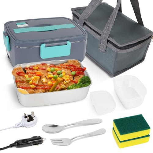 PopuLike Electric Heated Lunch Box, PTC Heating, Safe Food Warmer for Meals 110V-220V/12V-24V Dual Voltage, 2.0L Electric Lunch Box with Stainless Cutlery and Thermal Bag for Office Car Travel