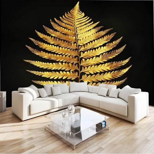 Fotomurales Hoja De Helecho Dorada De Metal Papel pintado 308 x 220 cm tejido no tejido, Arte Papel tapiz mural Oro Moderna Decoración De Pared Sala Oficina Salón