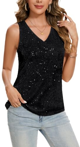 Kyzoeyou Damen Tank Top Glitzer Pailletten Tunika Ärmellos Bluse Festival Elegant Läsiges V-Ausschnitt Oberteil Blusentop