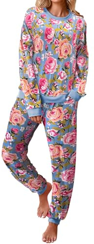 Famulily Womens Pyjamas Set Floral Printed Loungewear Sets Ribbed Tops and Bottoms Warm Long Sleeve Co ord Sets with Pockets Sky Blue S