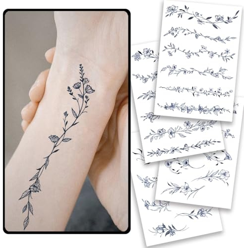 CHARLENT Semi-permanente Blumen Tattoos Damen, realistisch | 2 Wochen haltbare Fake Tattoos mit Linien, Blättern und Blumen, feminine Body Art für Hals, Handgelenk und Körper