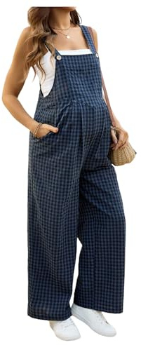 MakeMeChic Women's Maternity Overalls Gingham Print Sleeveless Wide Leg Y2K Pregnancy Jumpsuits Blue X-Large