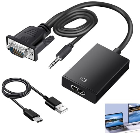 VGA to HDMI Adapter Converter with Audio 1080P, VGA Male to HDMI Female Cable for Desktop, Laptop, PC, Monitor, TV, Projector, Compatible with Computers, Laptops, and Other Output Devices