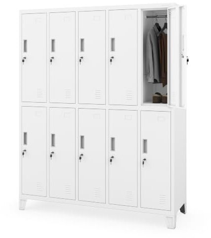 Jan Nowak Umkleideschrank Spindschrank Metall, 10 Fächer, abschließbar | Schließfachschrank für 10 Nutzer, Kleiderstangen, Lüftung, Etikettenhalter, Stahlkorpus und Wandmontage, 172x136x45 cm