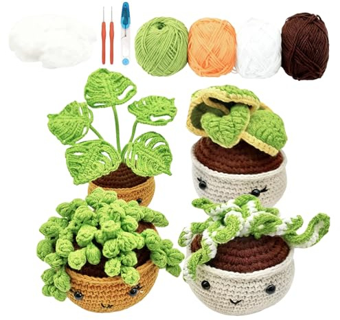 SUNOYA Juego de ganchillo de 4 piezas, juego de ganchillo para principiantes, muñeca en maceta con tutorial e instrucciones en vídeo (idioma español no garantizado), plantas de ganchillo, cactus en