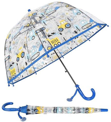 Rylae Parapluie à bulles transparent pour enfants Poignée courbée Dôme transparent Léger et mignon Nervures à 8 Fibres, Pelleteuse Parapluie de sécurité pour enfants Kids Clear Umbrella