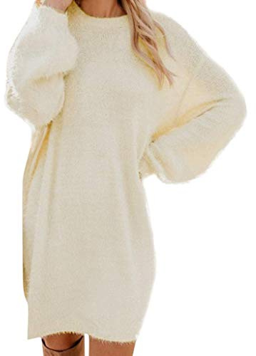unilarinna Strickpullover Damen Oversize Pulloverkleid Herbst Winterkleid Locker Longpullover Modische Knielang Wollkleid Langarm Pullis Rundhals Strickkleid Elegante Sweatkleid S-XXL