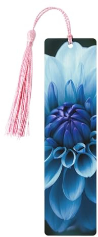 Lot de 5 marque-pages en bois avec motif fleur de dahlia bleu - Marque-pages imprimés double face avec pompons roses - Cadeau pour les amateurs de livres, femmes et hommes