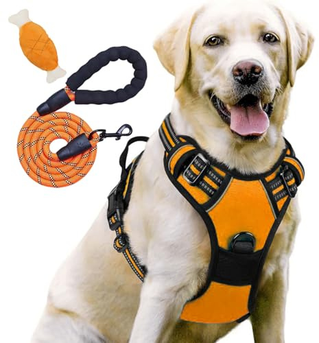 Anti Zieh Geschirr, No Pull Geschirr für Kleine Mittlere Grosse Dog Harness, Atmungsaktiv & Gepolstert mit Griff Reflektorstreifen, Kontrolle Verstellbar (M: 7.5-17.5kg,Orange+Seil)