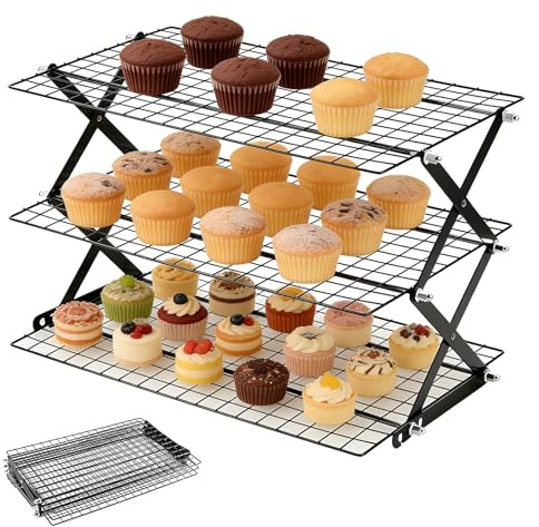 Kylgaller stapelbar 43,5 × 25 cm, tårtgaller i 3 våningar, kylgaller, rostfritt stål, köksgaller, hopfällbart kakgaller, enhetlig och snabb kylning för stekning, bakning grillning