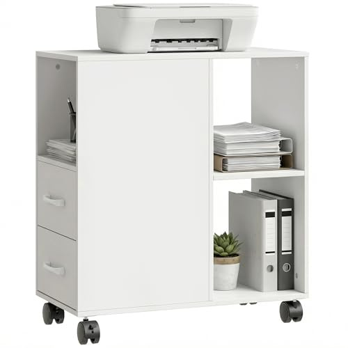 HOMCOM Mobile Porta Stampante a Rotelle, 2 Cassetti, 60x30x65 cm, Bianco