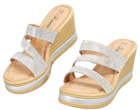 JOMIX Sandales Femme Compensées à Paillettes Claquettes à Strass Chaussures D'été à Talon épais Confortables