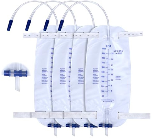 Urinbeutel Beinbeutel 4 Stück Urindrainagebeutel mit Anti Reflux Ventil und Ablass Urindrainagesystem mit Elastische Träger 1000ML
