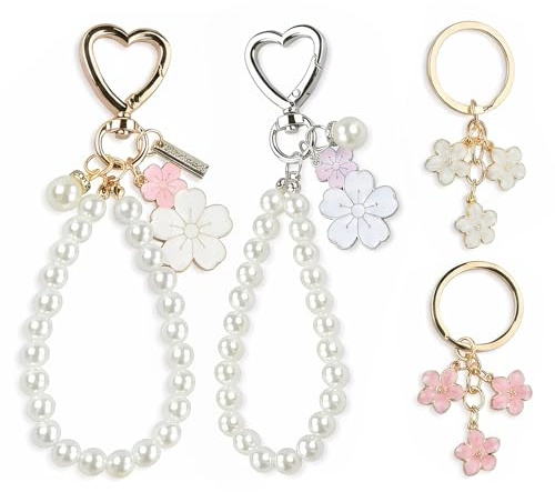 4 Pièces Porte Clé Femme avec Fleur de Cerisier et Perles, Bijou de Sac en Alliage, Porte Clé Mignon et Kawaii pour Sac à Main et Voiture, Porte Clef pour Filles et Femmes, Rose et Blanc