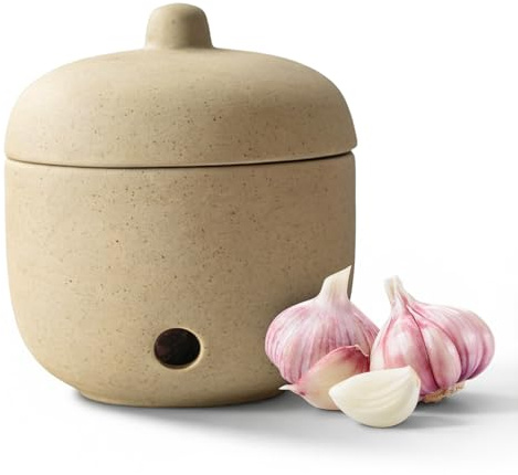 BORDEAG Knoblauch Aufbewahrung Keramik, Zwiebel Aufbewahrung, Belüftete Vorratsdose mit Deckel, Knoblauchtopf Steingut für Kartoffel Zwiebel Knoblauch Küche, 9.5×10cm