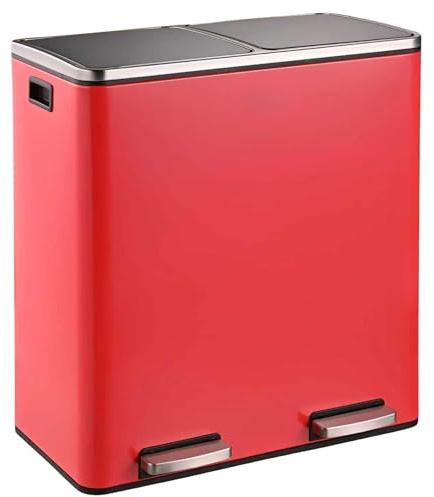 casa pura Abfalleimer Felix | Edelstahl Mülleimer mit Pedal | 2 fach Mülltrennsystem für Küche und Büro | 30 oder 60 Liter | Trend Farben zur Auswahl (Rot, 2 x 30 Liter)