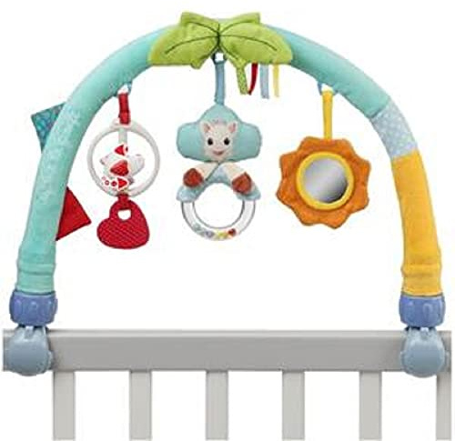 Sophie la girafe Activity-Bogen Multi-Halterung Baby ab Geburt | Spiegel, Rassel, Beißring, drehbarer Vogel und raschelndes Papier befestigt | universelle Kinderwagen-Clips | Geschenkidee