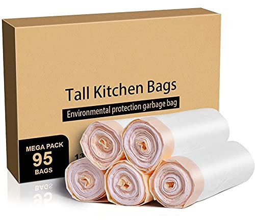 Meidong Strong Bin Liner 50L Bin Bag Tie Handle with Portable Drawstring Indoor Trash Bags for Sensor/Pedal/Swing Bins 5 Rolls (95 Bags in All)