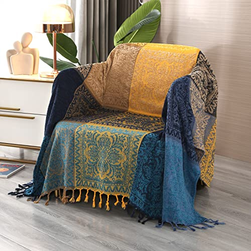 DECMAY Manta bohemia para sofá, sofá, patchwork, mandala y felpilla, para sofá, manta de sofá para adultos, sofá con borla, manta para sofá para sillón azul (60x75 pulgadas)