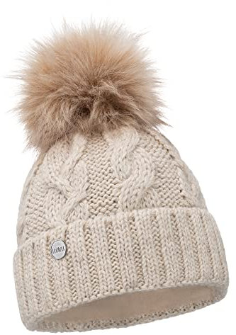 ELIMELI® Winter Mütze Damenmütze mit Fell-Bommel Fleece Innenfutter gefüttert - warme Damen Bommelmütze Strickmütze - Wintermütze mit Kunstfell Bommel - Slouch Strick Beanie Made in EU (beige)