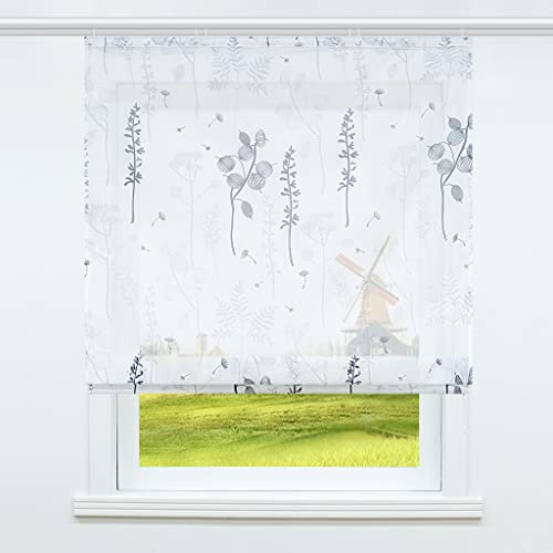 CORLIF Voile Raffrollo mit Klettband Gardinen Küche Raffgardinen Transparent Bändchenrollo Vorhänge mit Laternenblume Modern Grau BxH 80x140cm 1 Stück