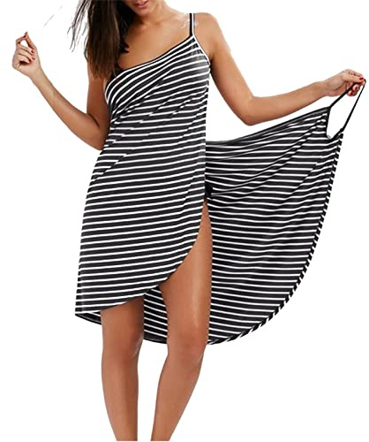 VIROYA Damen Handtuch Wrap, Damen Spa Wrap Set, Wearable Beach Handtuch, Sexy Sling Kleid Wickelkleid Bademantel (Schwarz, M)