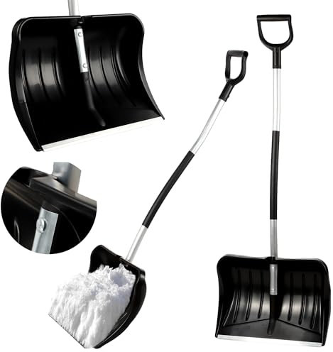 KADAX Schneeschaufel mit Aluminiumgriff, Schneeschieber mit ergonomischem Griff, Schneekippe aus Kunststoff mit Aluminiumbeschlag (Schwarz, 50 x 141 cm)