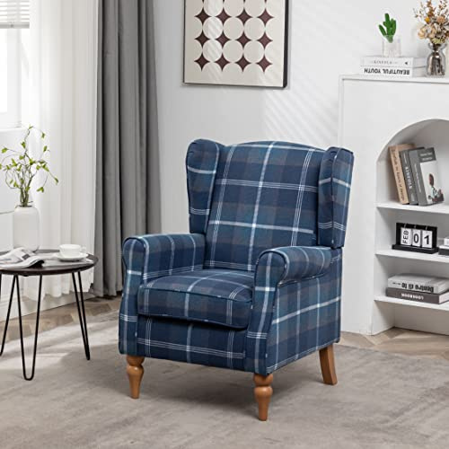 Chusstang Retro Accent Chair, Wingback Tartan Armchair Soft Padded, Retro Check Leisure Chair, Fabric Lounge Padded Sofa Chair for Living Room Bedroom - Blue