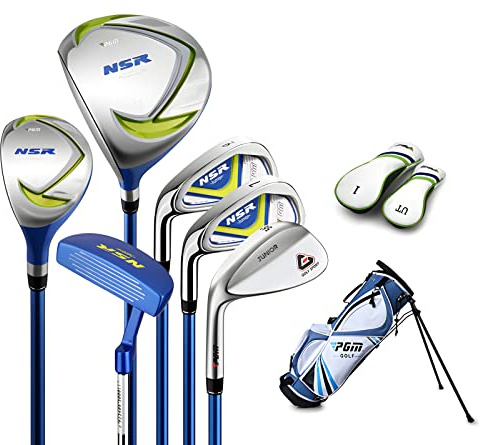 PGM Junior Golf Club, NSR Golf Clubs Complete Set Left Handed for Children Kids 6-8, 6 Pieces Youth Golf Clubs with Stand Bag and 2 Headcovers for Boys & Girls Blue