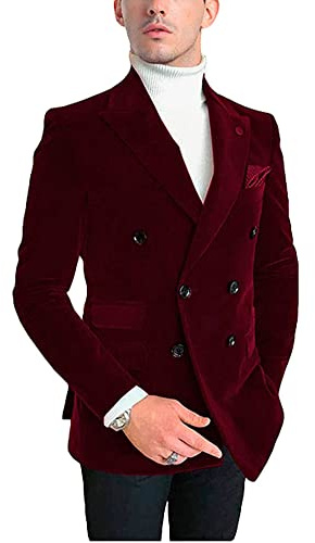 Blazer en velours à double boutonnage pour homme - Veste de smoking à revers cranté - Manteau de fête de mariage - Tenue décontractée, bordeaux, 58