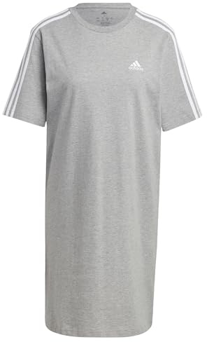 adidas Femme Essentials 3-Stripes Single Jersey Boyfriend Tee Dress, Medium Grey Heather/White, XS