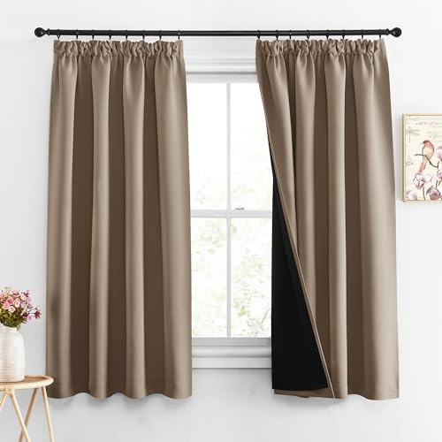 PONY DANCE Blickdichte Vorhänge mit Kräuselband Thermovorhang gegen Hitze | H145 x B140cm, Abdunkelnd, Hitzeschutz, für Schiene, Dick, Schwer, Kurz, für Schlafzimmer Kinderzimmer, 2er Set, Cappuccino
