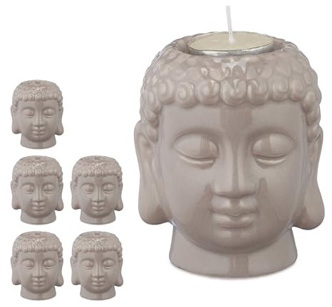 Relaxdays Porte-Bougie, Lot de 6, pour Bougie Chauffe-Plat, tête de Bouddha, déco Feng Shui, Salon et Salle Bain, Gris