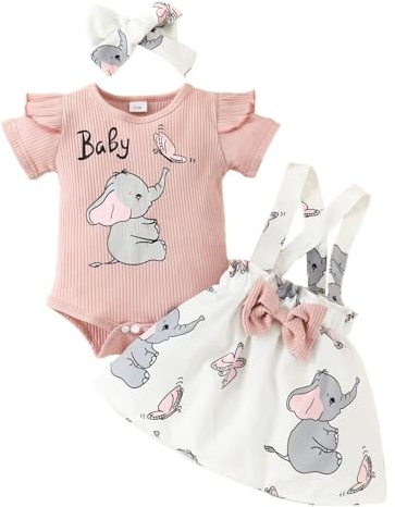 Loalirando Conjunto de 3 piezas de mameluco de elefante para niña recién nacida, conjunto de falda con tirantes, diadema, verano, otoño, ropa linda, rosa, 9-12 meses
