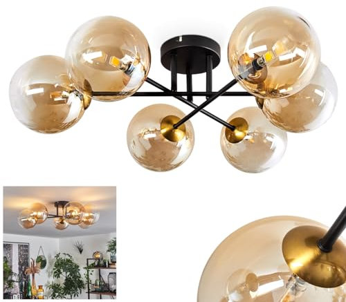 HOFSTEIN Deckenleuchte Chehalis, 6-flammige Deckenlampe aus Metall/Glas in Schwarz/Gold/Bernstein/Klar, Leuchte im Retro/Vintage-Design, Ø Schirme 15 cm, G9, Esszimmer, Schlafzimmer, Wohnzimmer, Küche