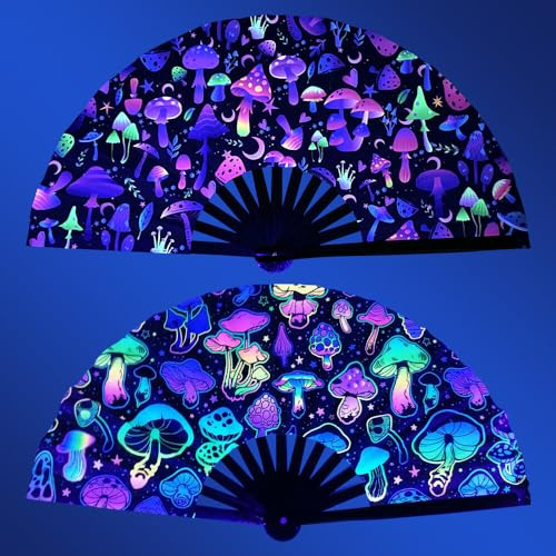 2 Stück Handfächer, UV Glühen Große Bambus Faltfächer Chinesische Deko Sauna Fächer Hochzeit Clack Hand Fan Pilzmotiv Faltbarer LED-Ventilator Handheld Faltfächer für Rave, Hanfu, Musikfestival, Club