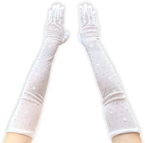 YAEISM Rhinestone Sheer Mesh Gloves - Sparkly White Opera Elbow Length Wedding Gloves for Bachelorette Party & Bridal Accessories