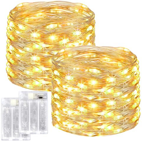 2x12M 120 LED Lichterkette Batterie mit Timer, Btfarm 2 Stück Mini Kupferdraht Lichterkette, Lichterketten Batteriebetrieben (AA Batterie) für Party Weihnachten Halloween Hochzeit Innen Deko, Warmweiß