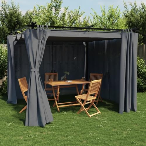 Amorsee Pérgola de Jardín con Techo y Cortinas, Pérgola de Aluminio 3x3 m, Cenador de Jardín con Techo Retráctil, Poliéster Resistente al Agua y a UV para Patio Terraza Exterior Antracita