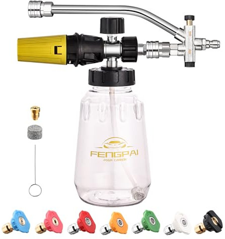 FENG PAI Foam Cannon for Pressure Washer with Dual-connector Accessory, 7 Power Washer Sprayer Nozzles, 1/4 Quick Connect Double Tip Attachment Soap Bottle Sprayer Soap, 3600 PSI (Clear)