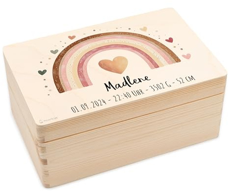 Baby Erinnerungsbox Holzkiste personalisiert - 30x20x14cm - Boho Regenbogen | Holz, personalisierte Erinnerungskiste, Babybox Erinnerung, Taufgeschenk Mädchen, Boho Regenbogen