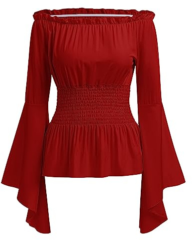 ABEHIK Haut gothique médiéval pour femme - Manches longues - Renaissance - Chemisier folklorique - Manches plissées - Corset - Haut épaules dénudées, rouge, L