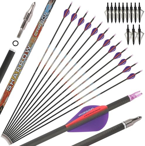 surwolf 31,5 Bogenschieß Carbonpfeil, Jagdpfeile, Spine 250 300 350 400 500 600 mit abnehmbaren Spitzen Zielpfeile für Compound & Recurve und Langbogen 12 Stück(lila-rot set2,300)