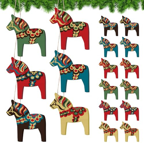 Vercraft 12 st svensk dalahäst julprydnader trä dala häst hängande hänge dekorativt dalekarlian hästfigur juldekorationer för hem julgran festgåva (vintage färg)