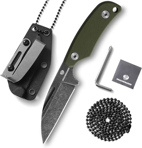 DRACHENADER Coltello da collo, acciaio D2, lama full-tang a zampa di pecora da 7,6 cm, mini coltello con fodero in Kydex, catena a sfera, clip da cintura,