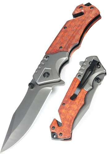 MIMEMY Taschenmesser Klappmesser Jagdmesser, Edelstahl Tragbares Outdoor Messer,Holzgriff Rutschfeste EDC Einhandmesser,Survival Messer mit Liner-Lock Taschenclip