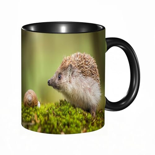 EKLMPS Becher aus Keramik, Ideal als Geschenk, Hochwertiger Aufdruck, Tasse mit Motiv, Tee Becher, Coffee Cup, 330ml,Igel mit Schnecke