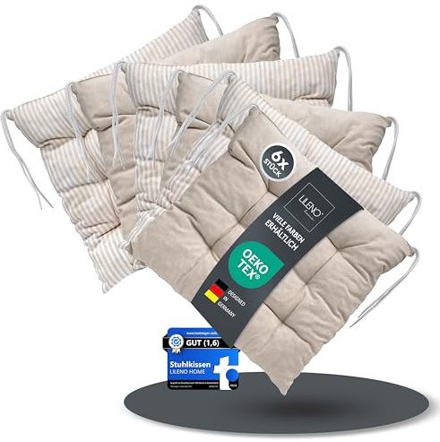 LILENO HOME 6er Set Wende Stuhlkissen Natur (40x40x6 cm) - Streifen Sitzkissen für Gartenstuhl, Küche oder Esszimmerstuhl - Indoor u. Outdoor Stuhlauflage als Stuhl Kissen (Linda FUM)